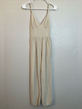 Japna Oatmeal Linen Blend Wide Leg Jumpsuit Open Back Tie Detail Pockets | Small